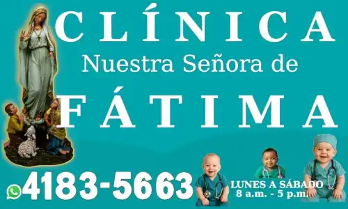 imagen de nuestra señora de Fátima con tres bebes anunciando el número de teléfono 41835663 y el horario de la clínica